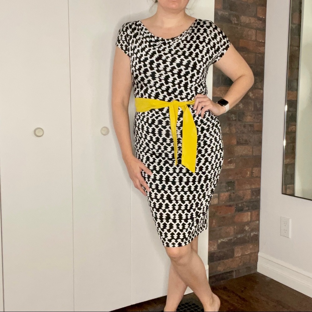 Black & white printed dress with yellow belt